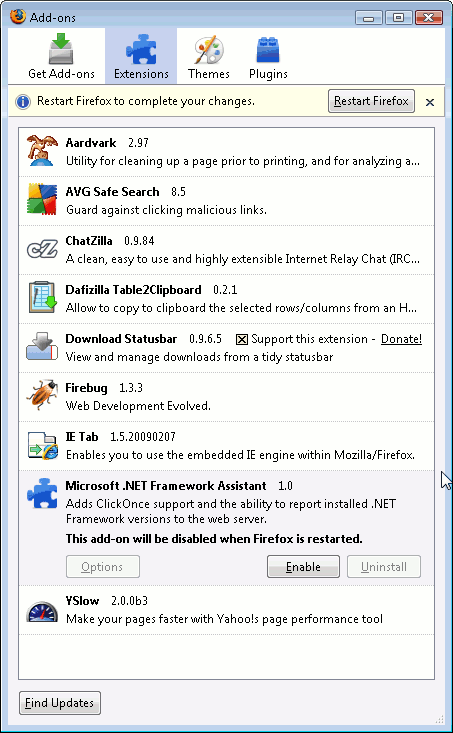 firefox-microsoft-net-framework-addon Microsoft .NET Framework Assistant 1.0 in Firefox Add-on Manager