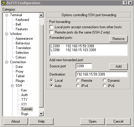 putty ssh port tunnelling for rdp